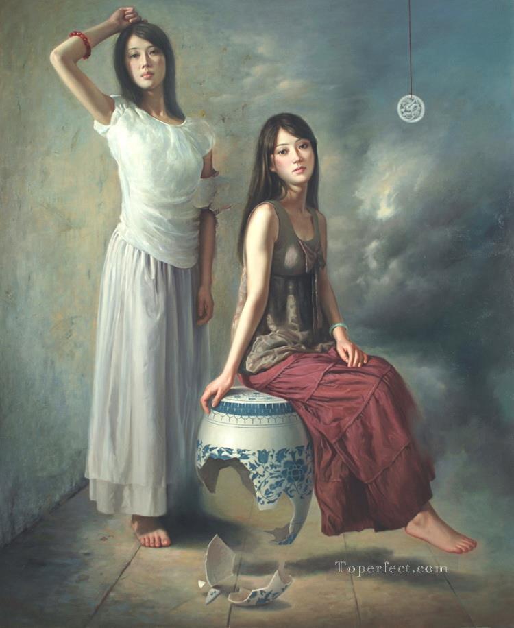 青と白2の中国人の女の子油絵